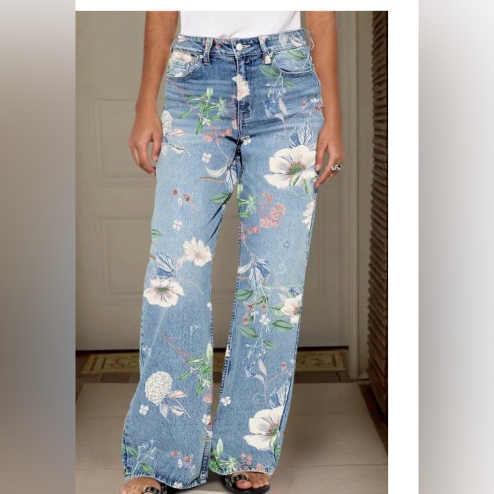 Flamingals Floral Pattern Wash Straight Leg High Waist Jeans - Picture 2 of 10